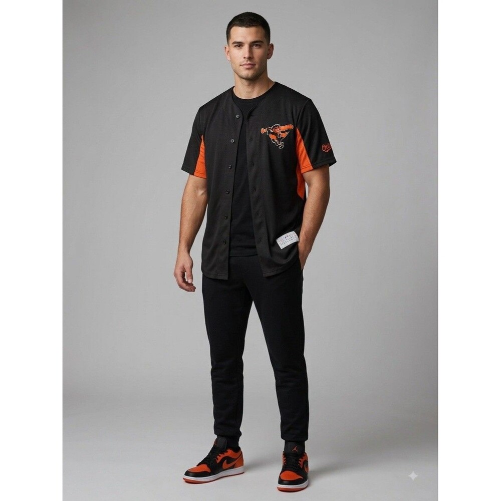 MLB Baltimore Orioles TX3 Cool Jersey Shirt Button Front Black Orange Mens M